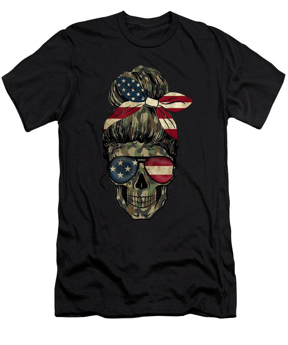 Camouflage Skull Lady with Hair Bow Glasses Shannon Nelson Art T-Shirt