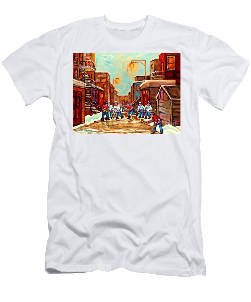 Canadian Art Hockey Painting Back Lane Hockey Game Montreal Winter Scene Carole Spandau Carole Spandau T-Shirt
