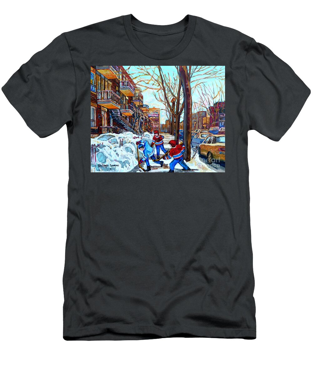 Canadian Art Street Hockey Game Verduun Montreal Memories Winter City Scene Paintings Carole Spandau Carole Spandau T-Shirt