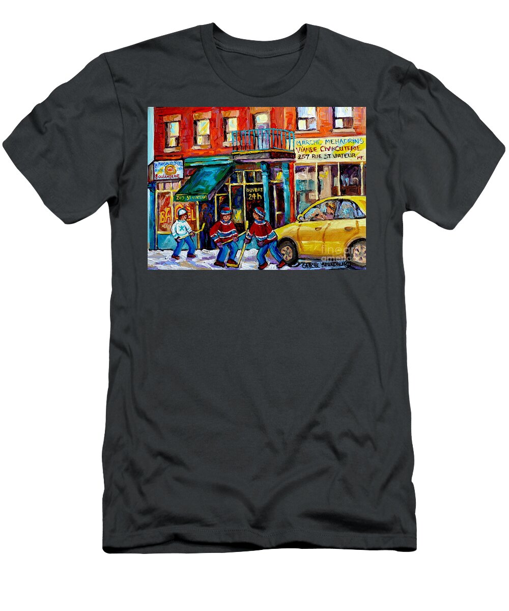 Canadian Art Street Scene Hockey Painting Montreal 375 Rue St Viateur Winter Scene Carole Spandau Carole Spandau T-Shirt