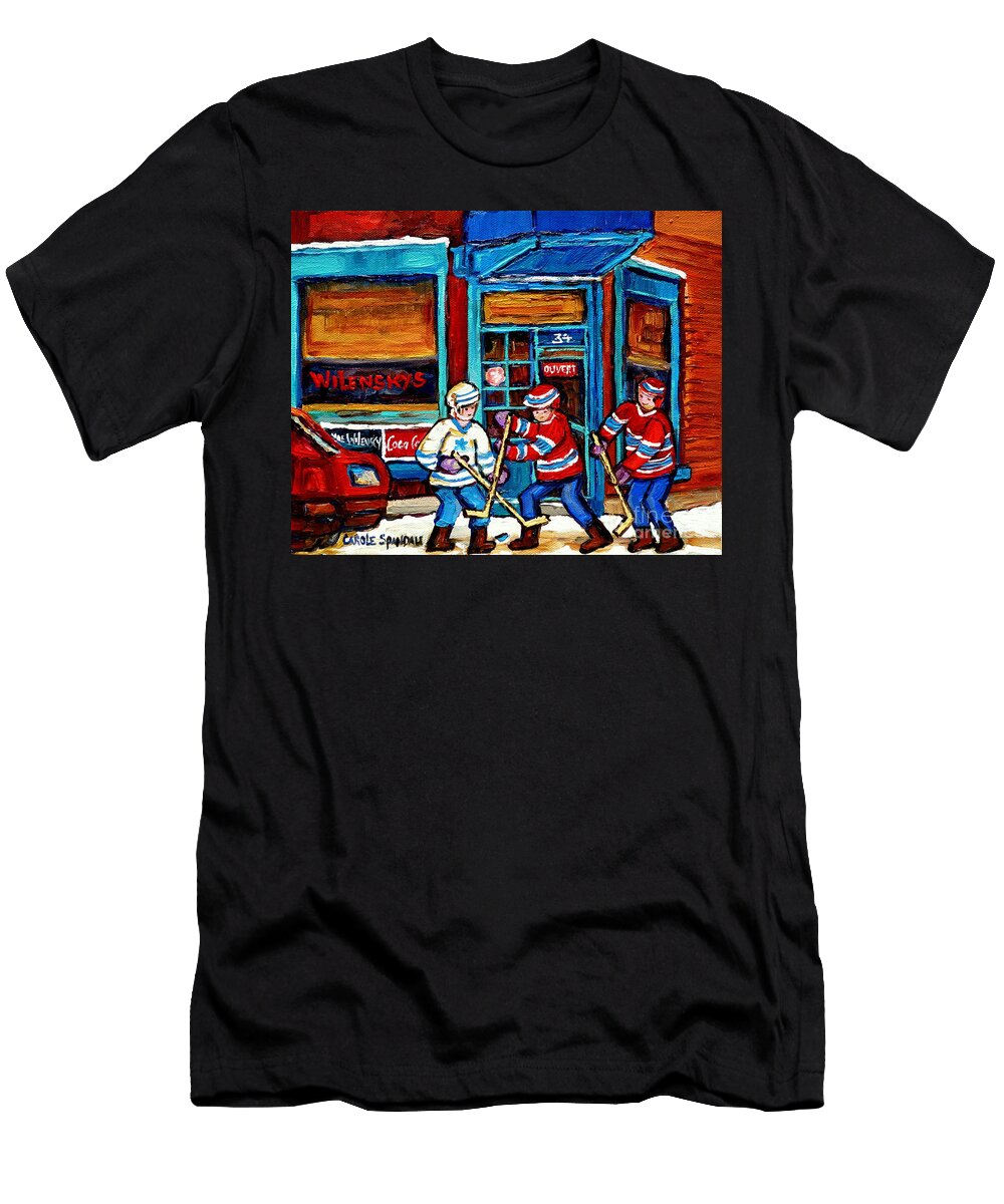 Canadian Art Wilensky Doorway Hockey Game Paintings of Winter Montreal Street Scenes Carole Spandau Carole Spandau T-Shirt