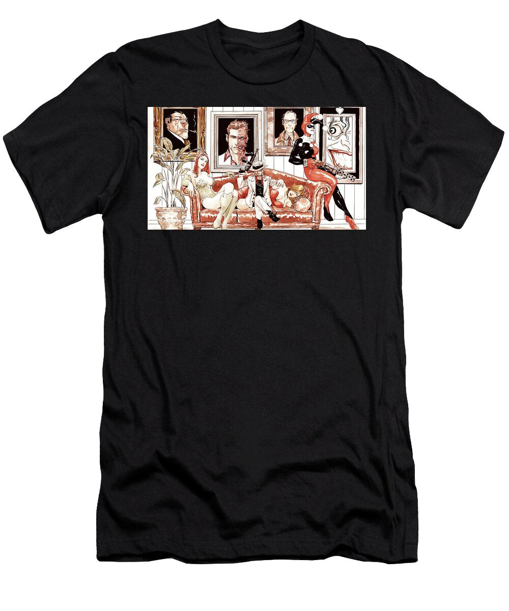 Cartoon Villains Pose on Sofa Portraits Behind Matcha Coffe T-Shirt