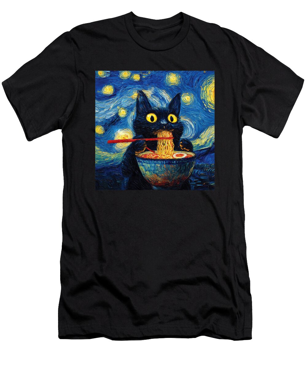 Cat Eating Ramen Under Starry Nighit Funny Cat Zyneu Gangd T-Shirt