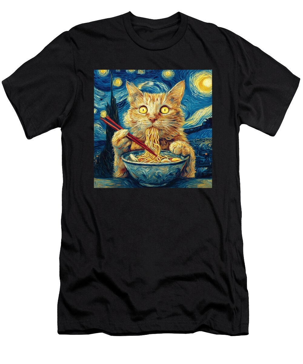 Cat Eating Ramen Under Starry Sky Funny Noodle Zyneu Gangd T-Shirt