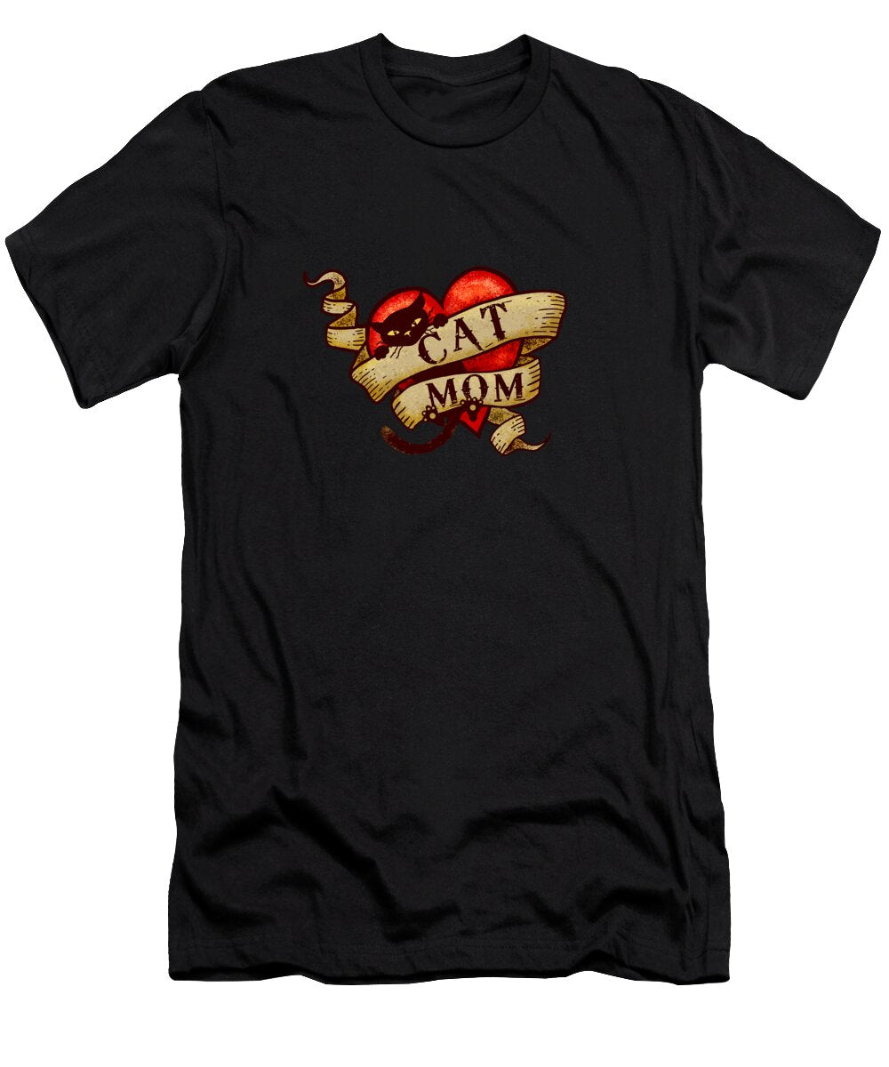 Cat Mom in Retro Heart Tattoo Laura Ostrowski T-Shirt