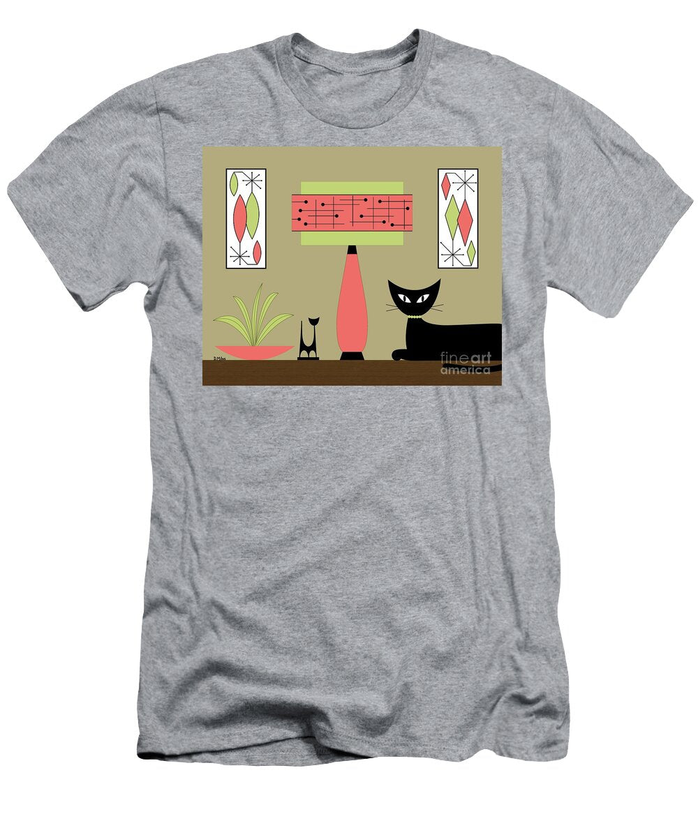 Cat on Tabletop with Lamp in Pink Donna Mibus T-Shirt