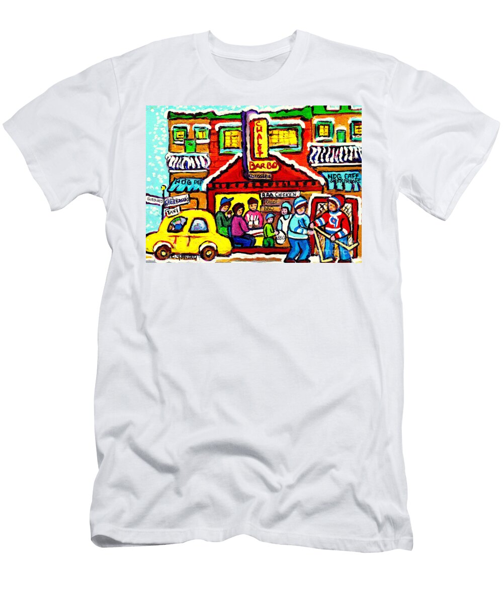 Chalet Bbq Best Rotisserie Chicken Ndg C Spandau Hand Painted Original Montreal Hockey Art for Sale Carole Spandau T-Shirt