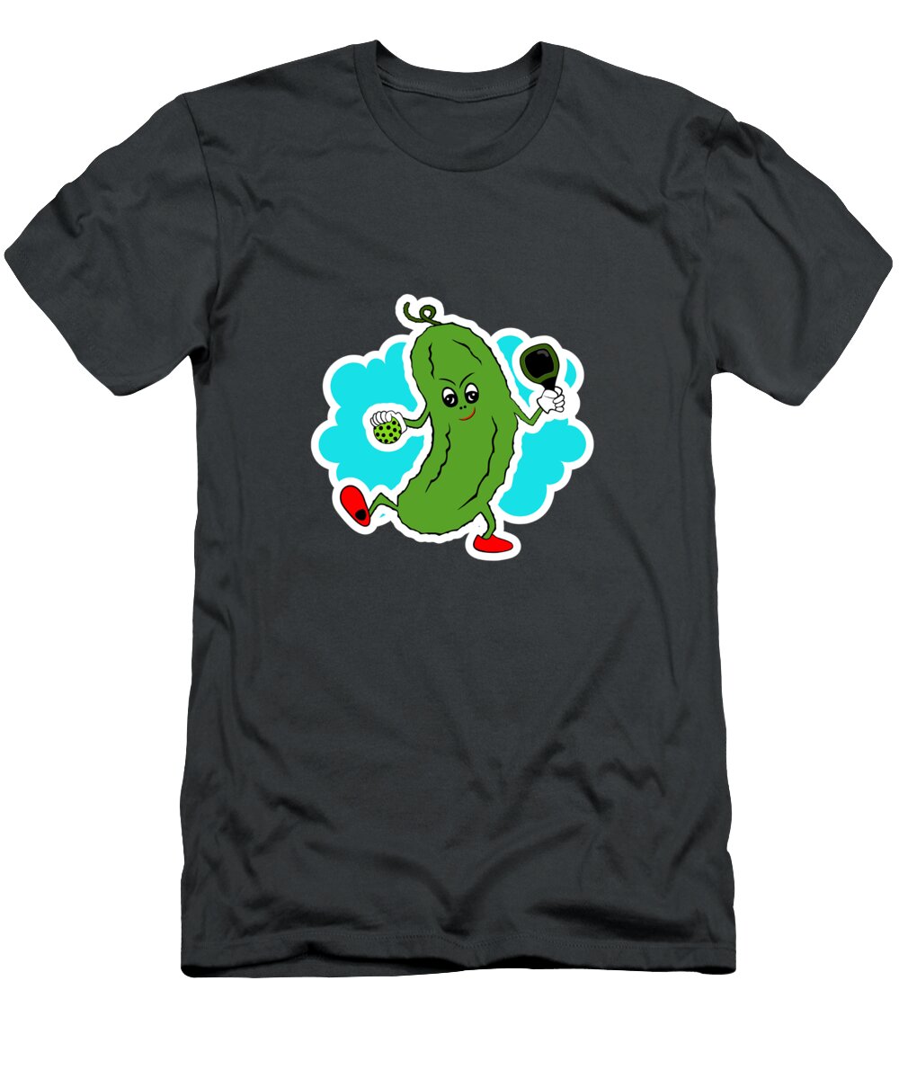 Cheerful Pickle Playing Pickleball Sartoris Art T-Shirt