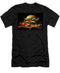 Cheeseburger with Trimmings of Sliced Tomato Lettuce Pickles and Relishes Sesame Bun with Dark and Moody Style Background Jane Rix T-Shirt