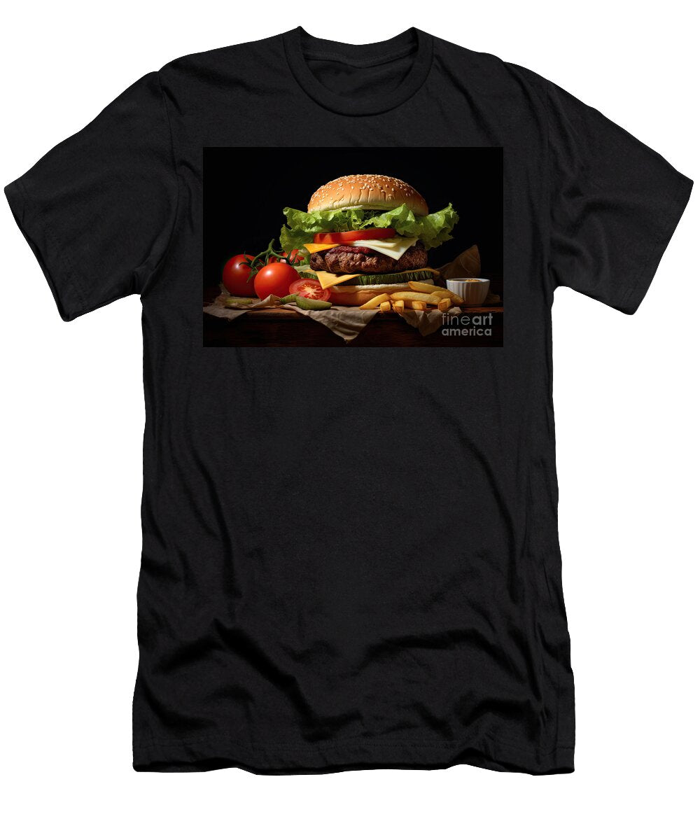 Cheeseburger with Trimmings of Sliced Tomato Lettuce Pickles and Relishes Sesame Bun with Dark and Moody Style Background Jane Rix T-Shirt