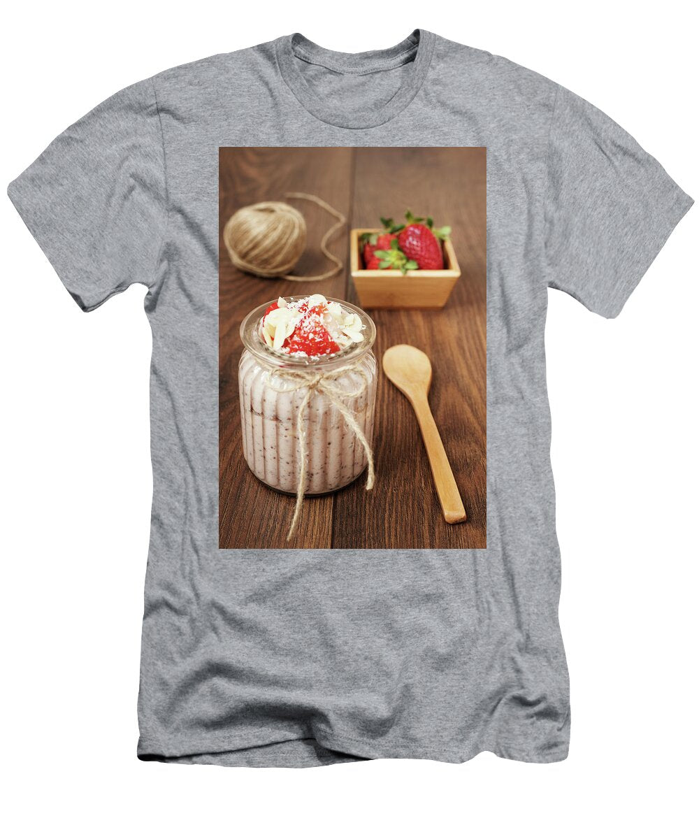 Chia Seed Pudding with Strawberries Banana Almonds and Coconut Dark Wood Background Sevda Stancheva T-Shirt