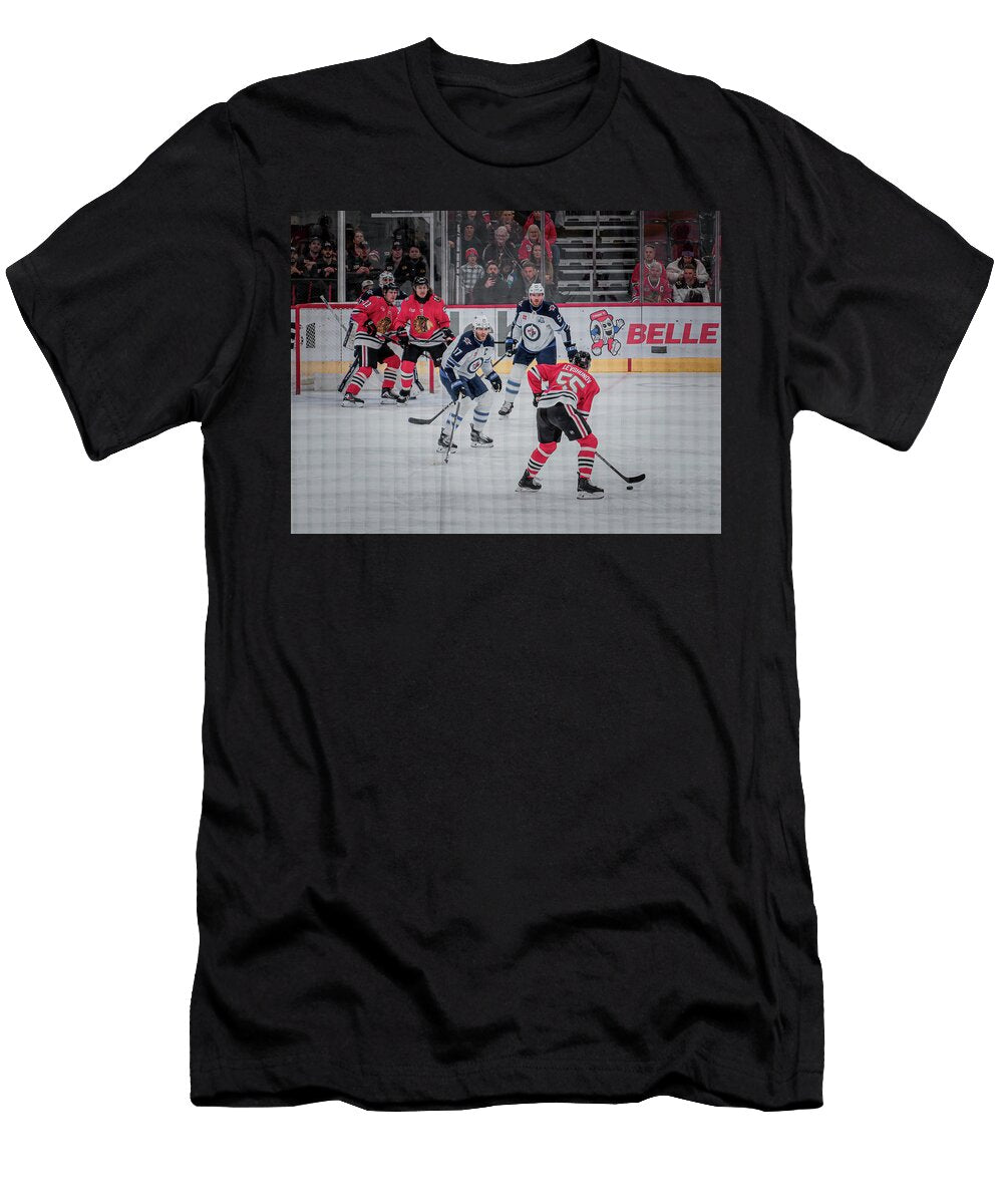 Chicago Blackhawks and Winnipeg Jets Action At United Center Donald Maulding T-Shirt