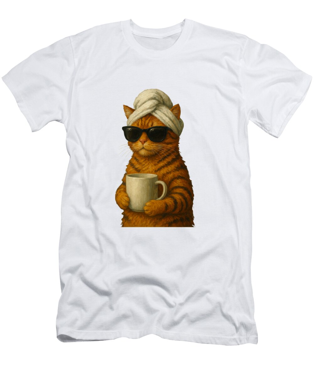 Chill Cat Morning Funny Coffee Loving Cat in Sunglasses and Towel Wall Art Cat Poster Funny Cat Ibrahim Haron T-Shirt
