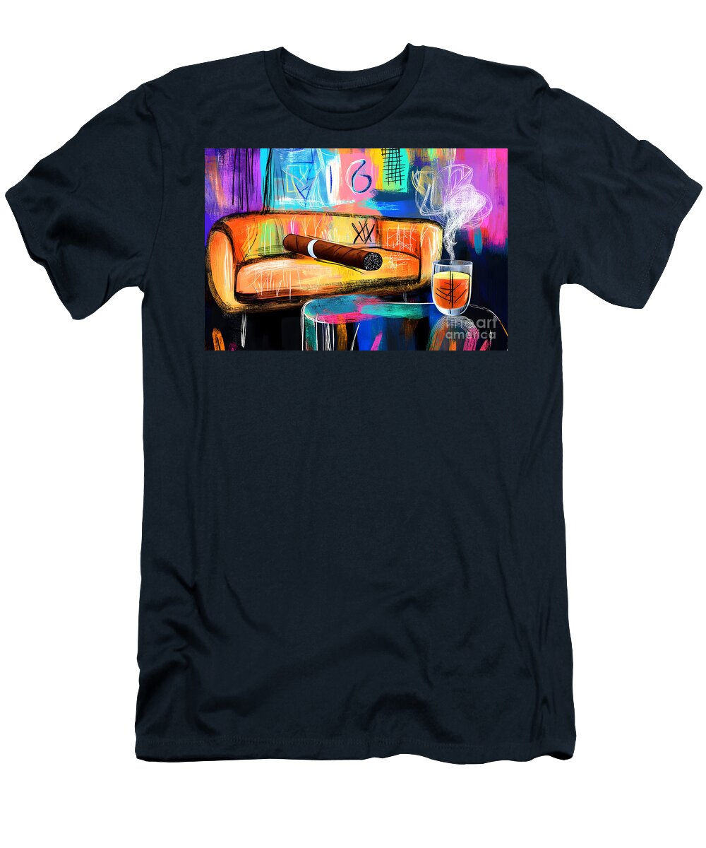 Cigar and Whiskey Indulgence Vibrant Abstract Composition with Dynamic Smoke and Bold Colors Olfactoart Studio T-Shirt