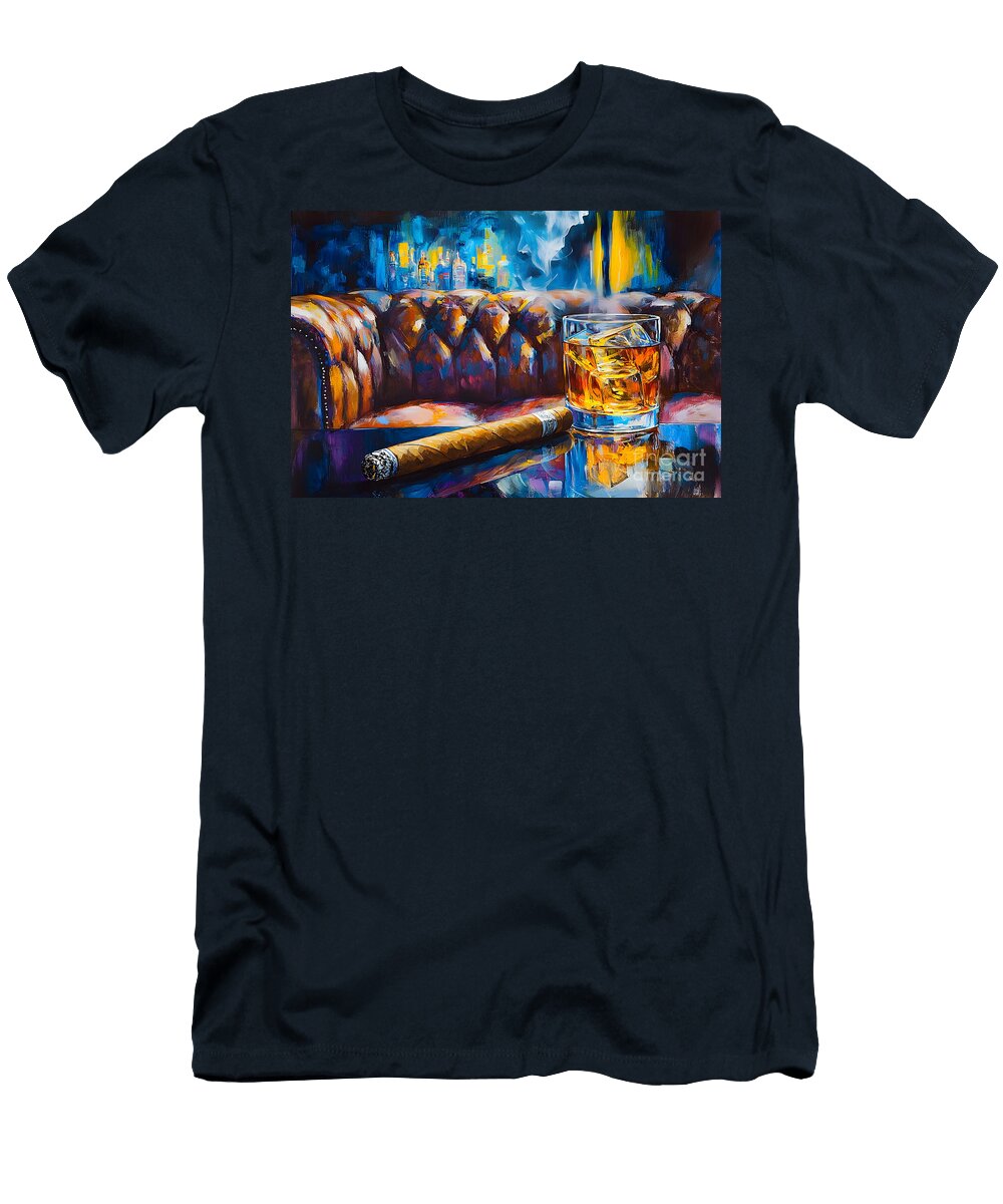 Cigar Lounge Escape Whiskey on the Rocks and Cigar with Plush Leather Couch and Abstract Colors Olfactoart Studio T-Shirt