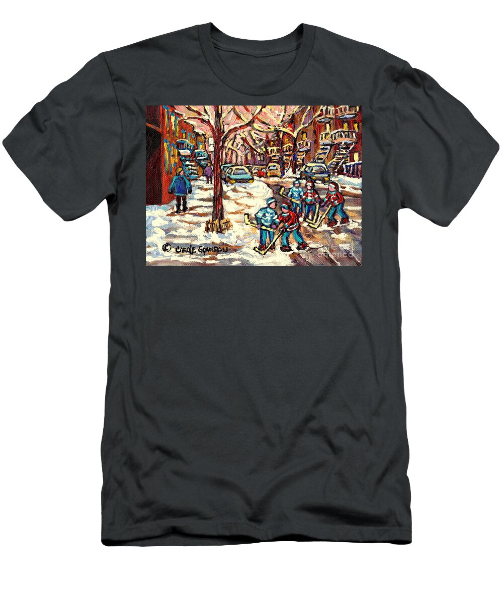 City Streets of Montreal Winter Hockey Scene After the Snowfall Original Canadian Art Carole Spandau Carole Spandau T-Shirt
