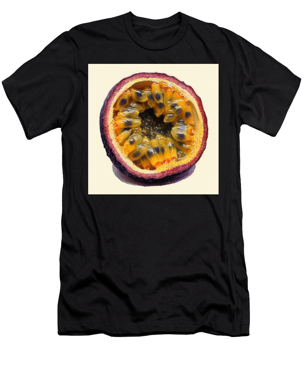 Close Up of a Halved Passion Fruit Revealing Its Juicy Edible S Champlin Archibald T-Shirt