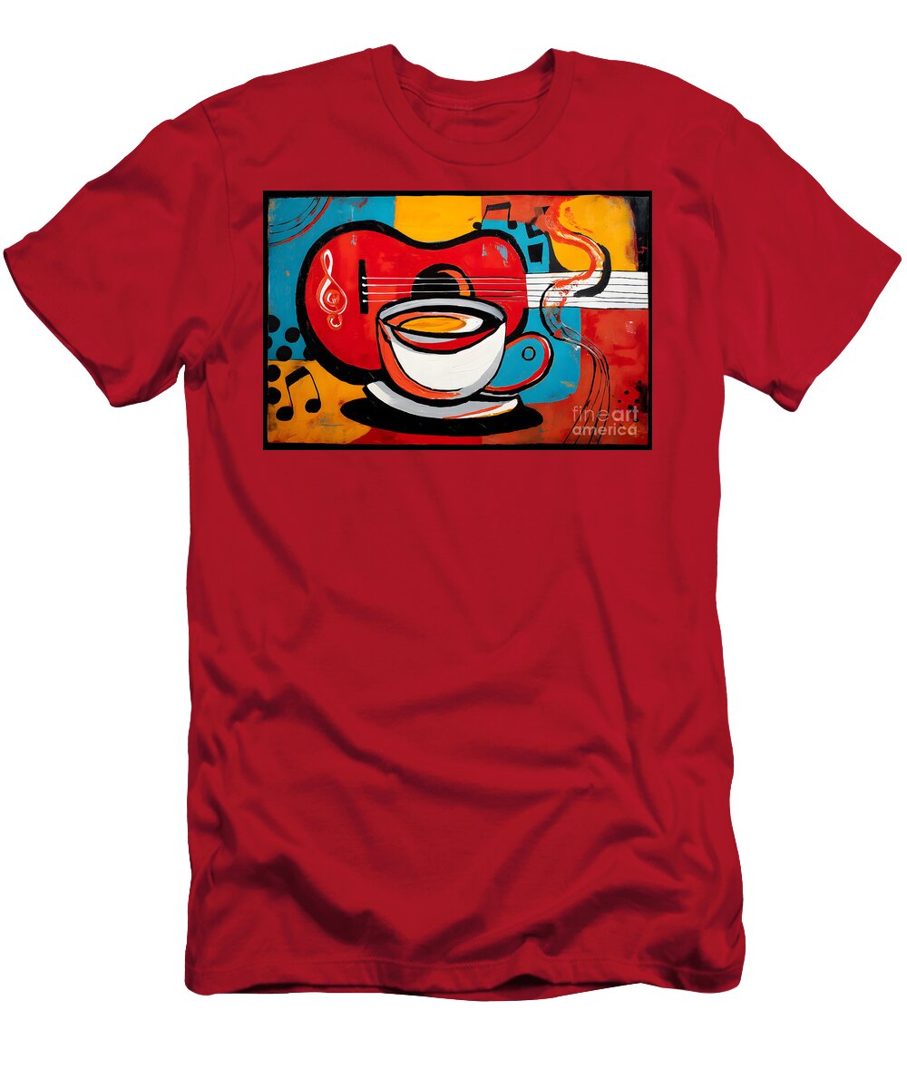 Coffee and Guitar Symphony Vibrant Abstract Art with Bold Red Blue Yellow and Flowing Musical Notes Olfactoart Studio T-Shirt