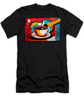 Coffee and Guitar Vibes Bold Abstract Composition with Musical Notes and Vibrant Color Energy Olfactoart Studio T-Shirt