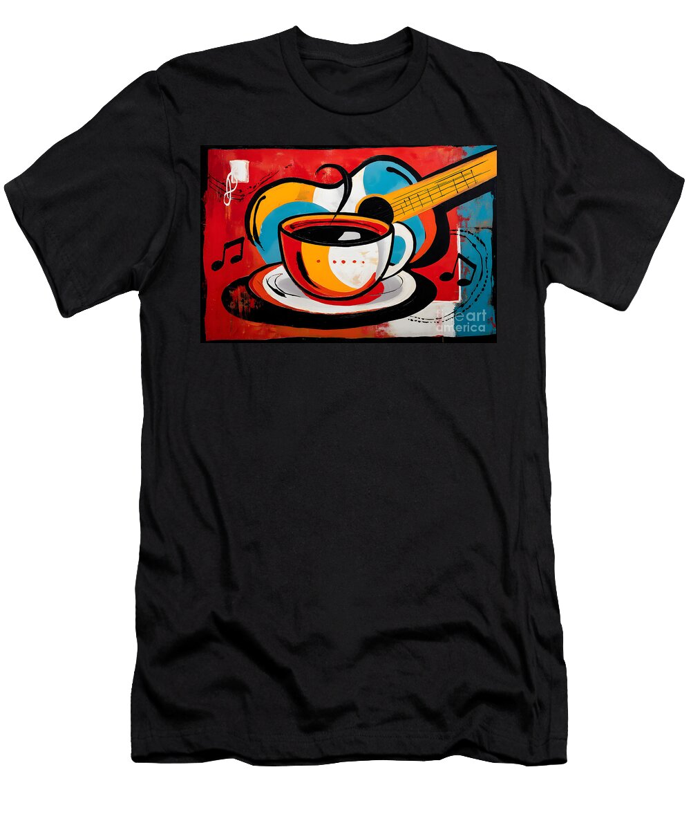 Coffee and Guitar Vibes Bold Abstract Composition with Musical Notes and Vibrant Color Energy Olfactoart Studio T-Shirt