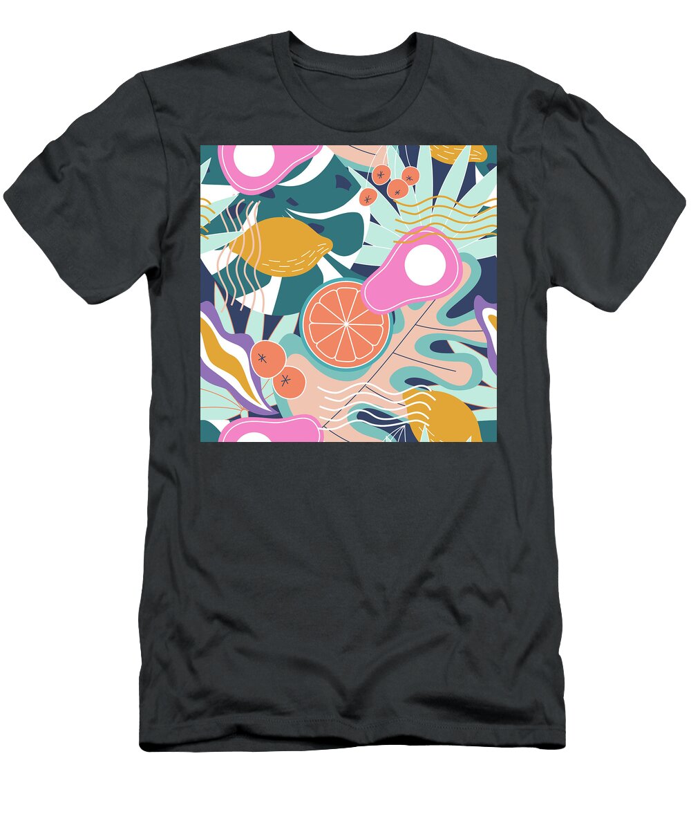 Collage Modern Floral Seamless Pattern Modern Exotic Illustration of Jungle Plants Lemons Avocados and Leaves in Julien T-Shirt
