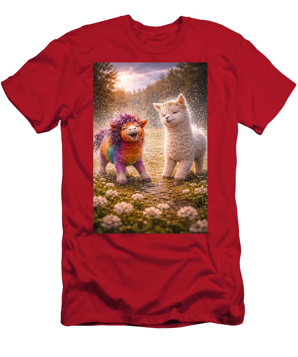 Colorful Alpacas in a Sunlit Field Cathy Harper T-Shirt