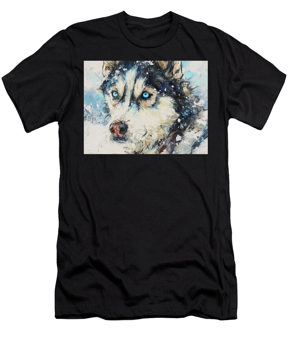 Colorful Artwork Winter Husky Stunning Portrait a Husky with Piercing Blue Eyes in a Snowy Landscape Adrien Efren T-Shirt