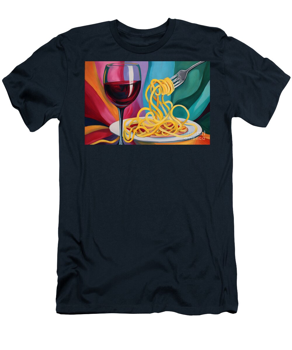 Colorful Dinner Scene with Wine and Pasta Olfactoart Studio T-Shirt