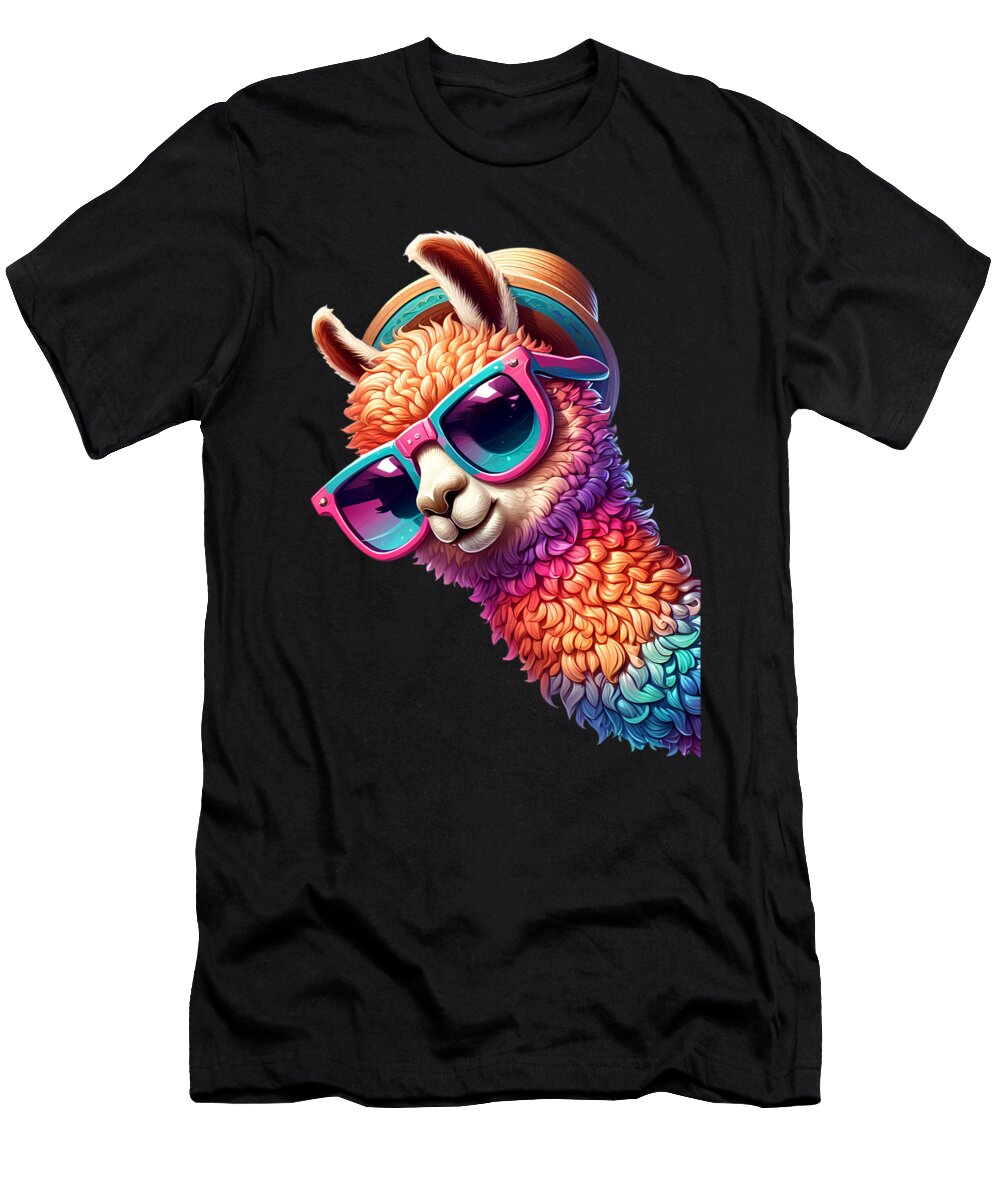 Colorful Llama Alpaca with Sunglasses Hat Funny Job T-Shirt
