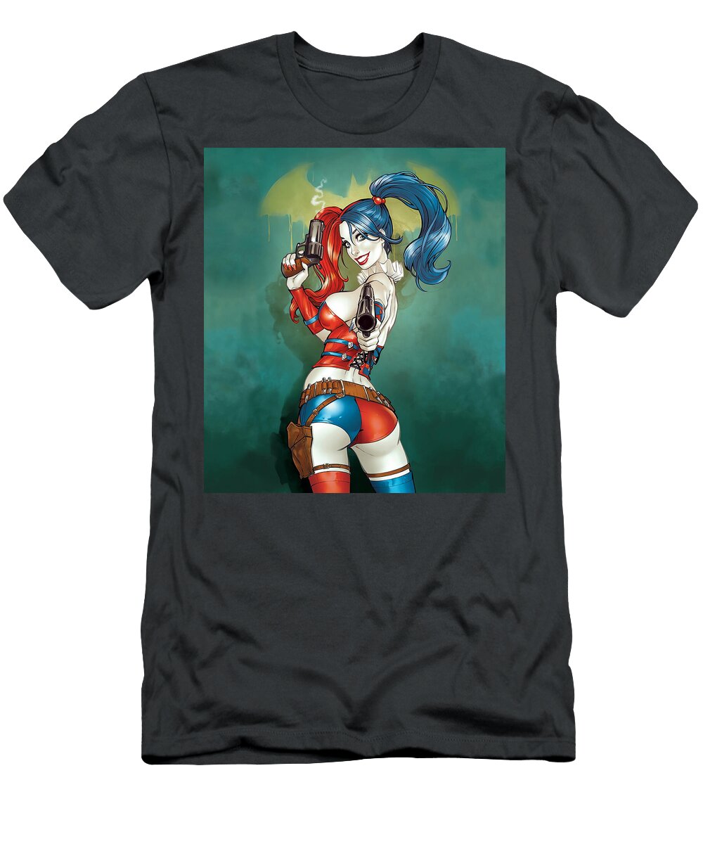 Comic Character with Dual Guns and Blue and Red Hair Matcha Coffe T-Shirt