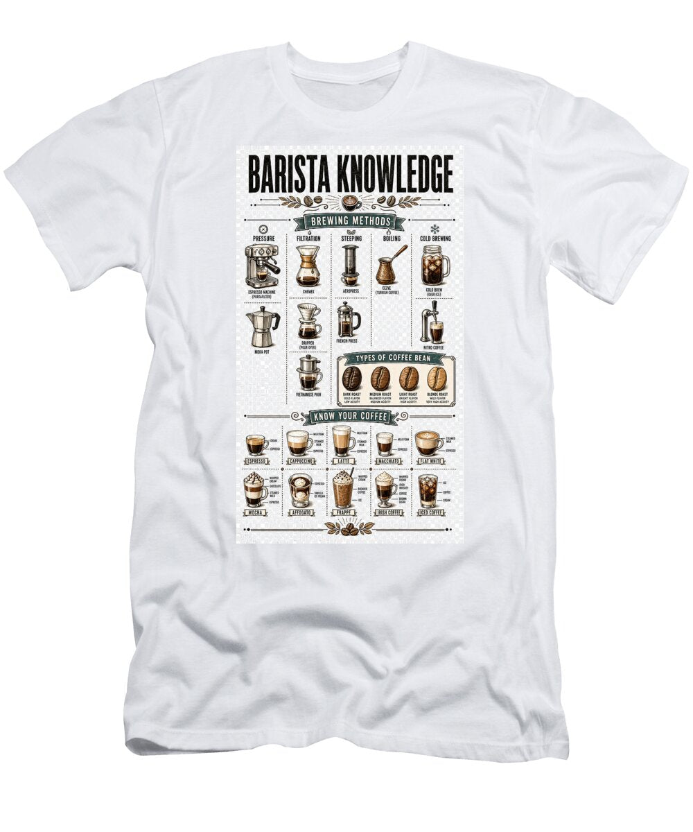 Comprehensive Guide to Coffee Brewing Barista Knowledge Wall Art Vintage Coffee Chart Poster Brew Amanda Hyde T-Shirt