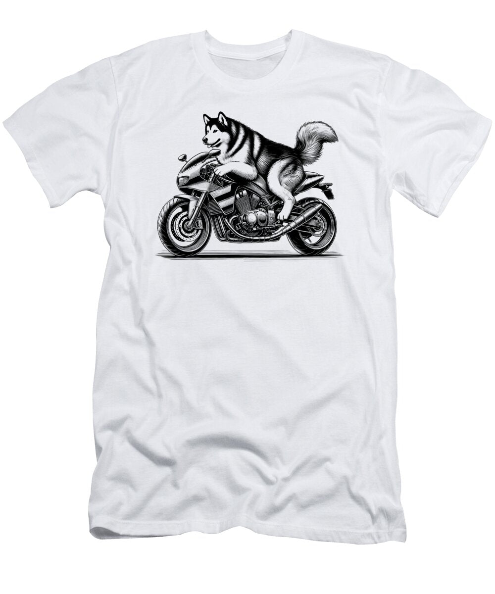 Cool Alaskan Malamute Riding a Motorcycle Biker Dog Lover Job T-Shirt