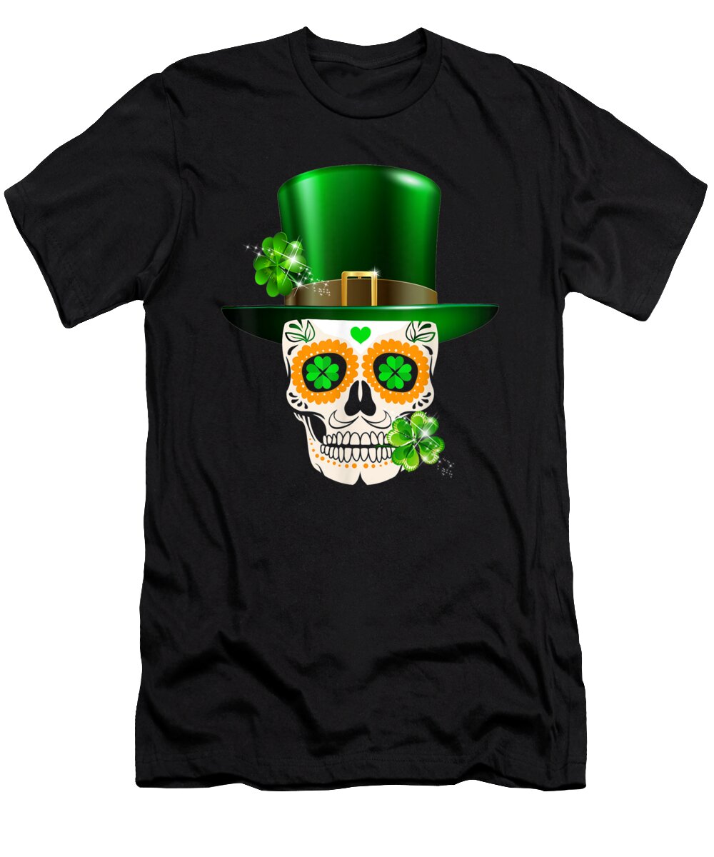 Cool Sugar Skull Saint Patricks Day Shamrock Irish Shannon Nelson Art T-Shirt