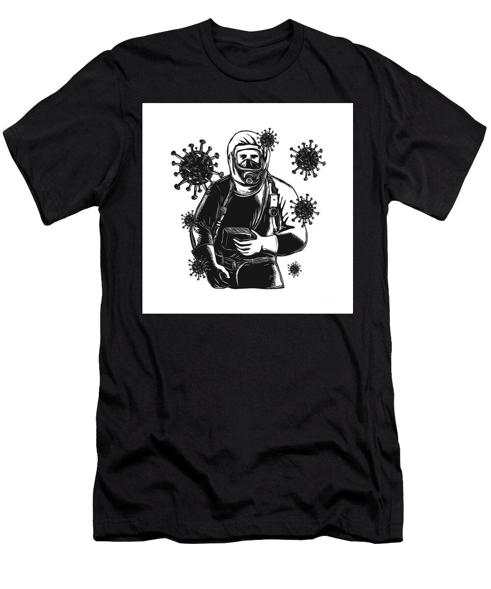 Coronavirus with Doctor Wearing Protective Suit Woodcut Aloysius Patrimonio T-Shirt