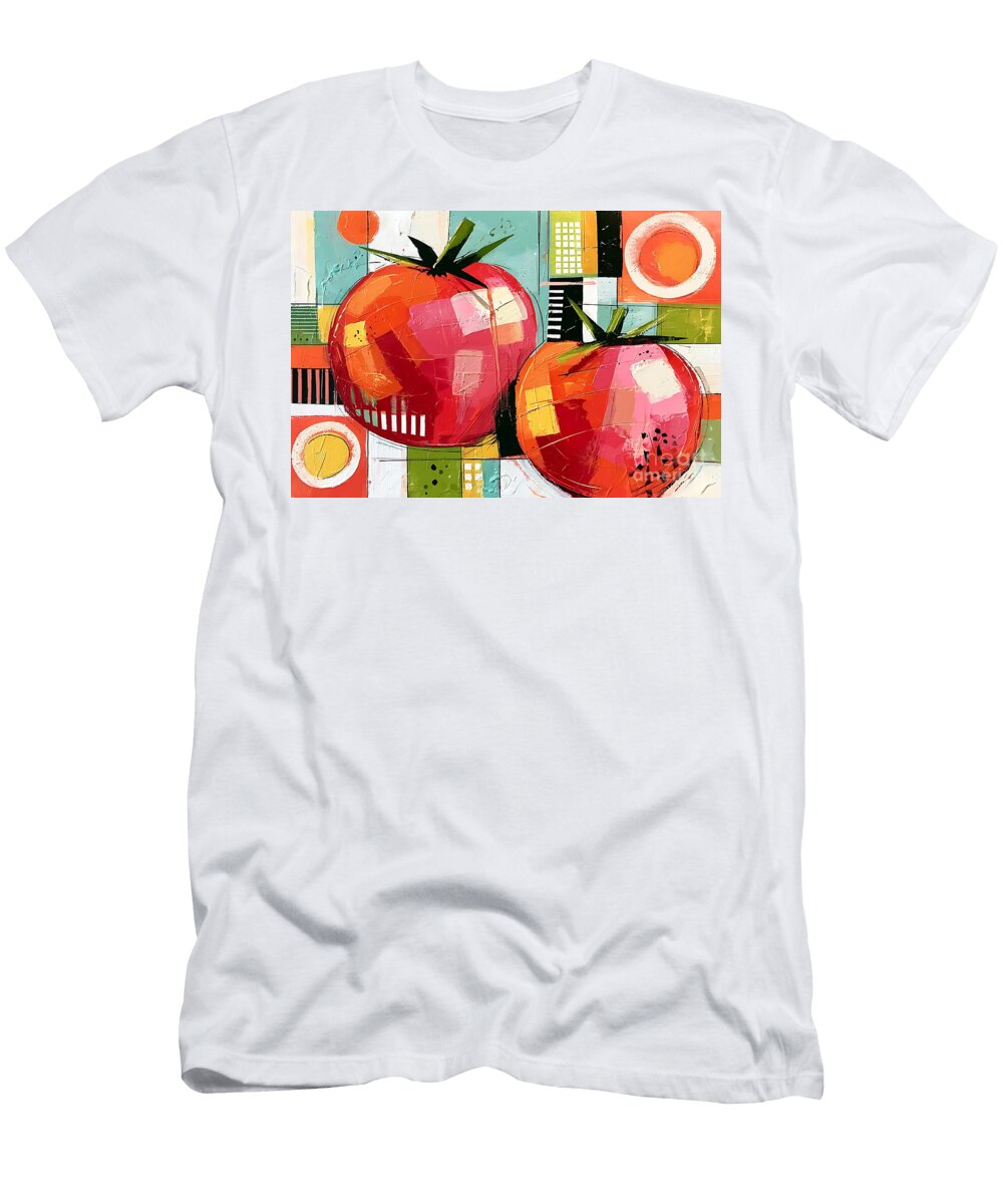 Crimson Garden Rhythm Twin Tomatoes Alive with Bold Geometry and Contemporary Color Expression Olfactoart Studio T-Shirt