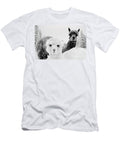 Curious Alpacas Pair in Winter Snow Forest Portrait Horizontal Black and White Dmr Filho T-Shirt