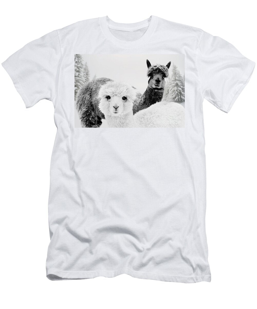 Curious Alpacas Pair in Winter Snow Forest Portrait Horizontal Black and White Dmr Filho T-Shirt