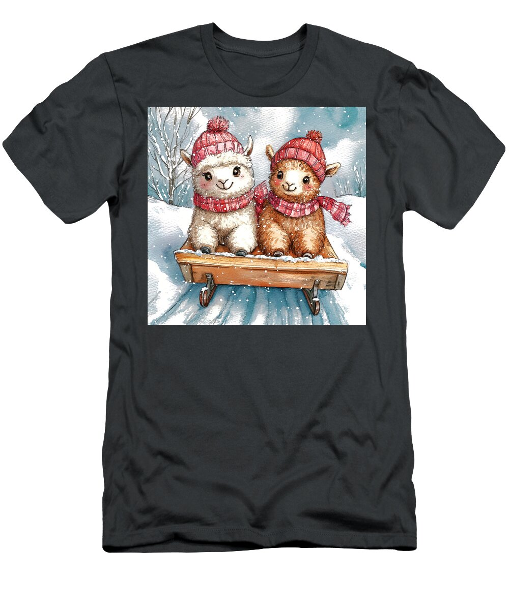 Cute Alpaca Friends Sledding in the Snow Winter Watercolor Illustration Rhys Jacobson T-Shirt