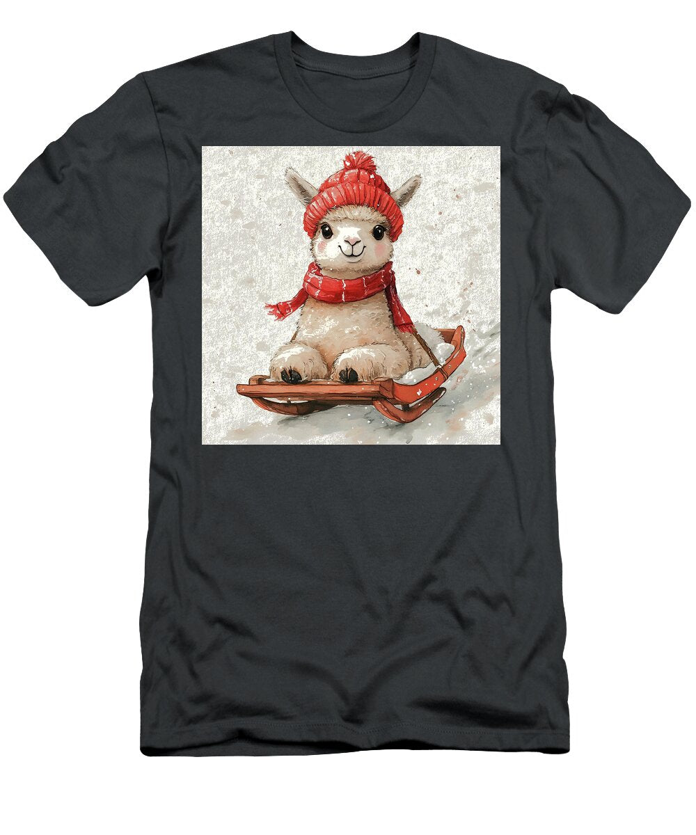 Cute Alpaca in a Red Hat Enjoying a Winter Sleigh Ride Rhys Jacobson T-Shirt