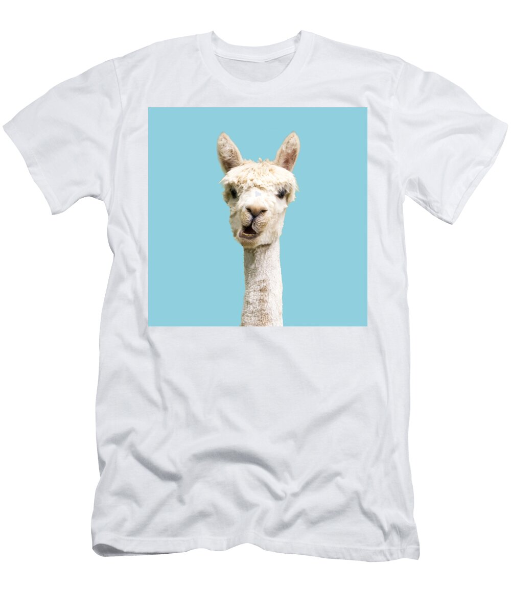 Cute Alpaca Portrait on Blue Sky Illustration Julien T-Shirt