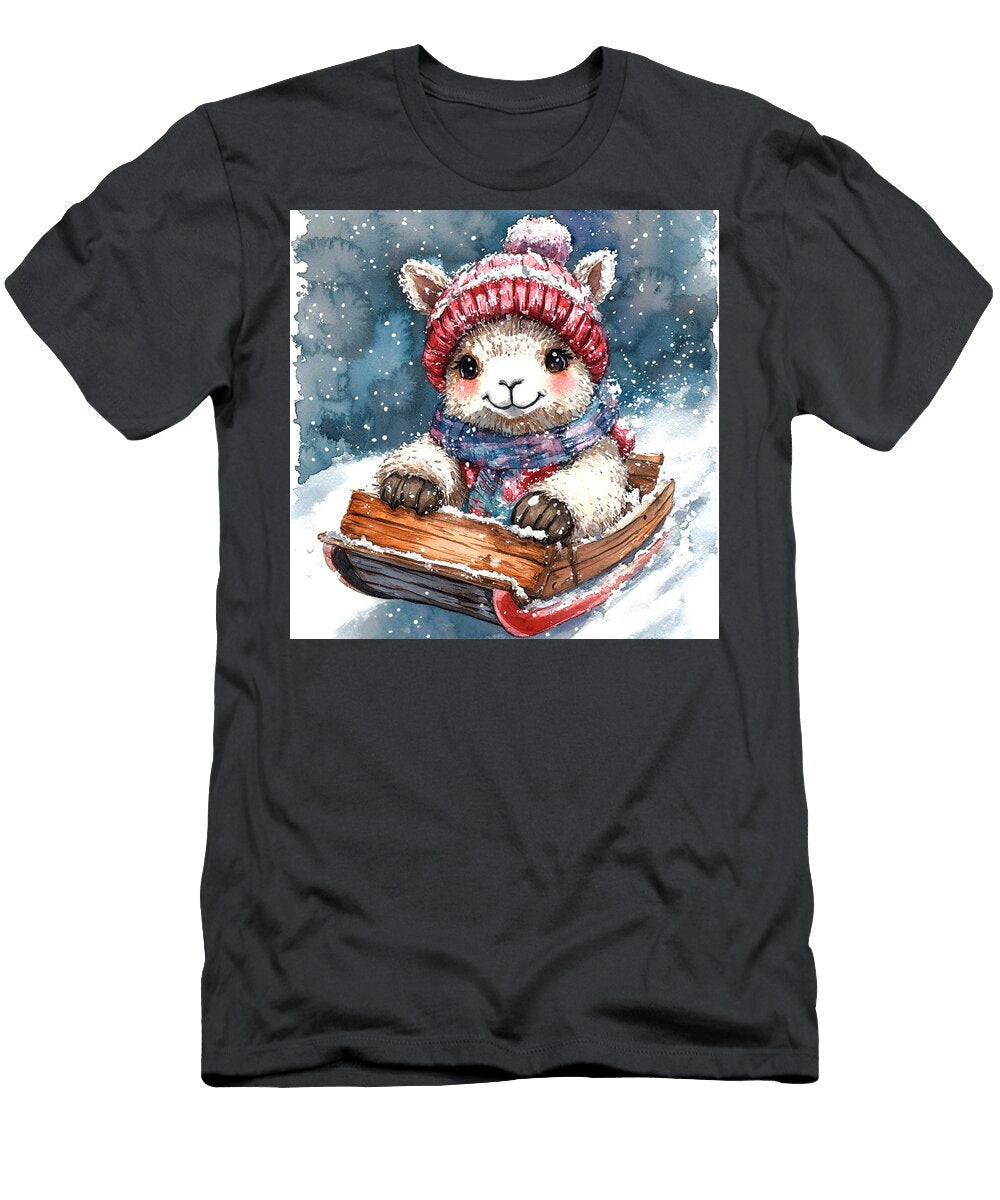 Cute Alpaca Sledding in Winter Wonderland Watercolor Illustration Rhys Jacobson T-Shirt