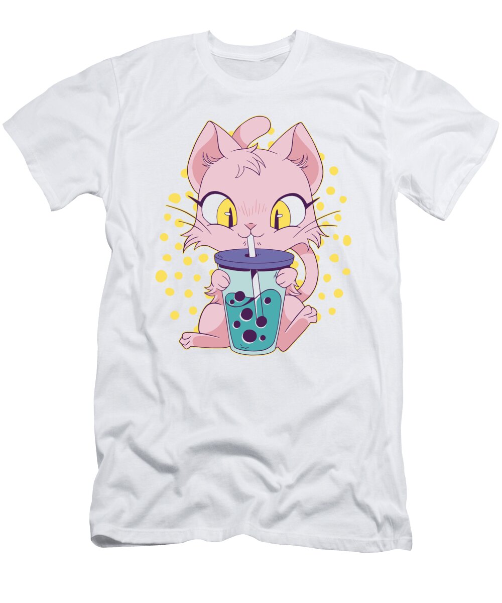 Cute Anime Cat Drinking Boba Vladimir Boyko T-Shirt