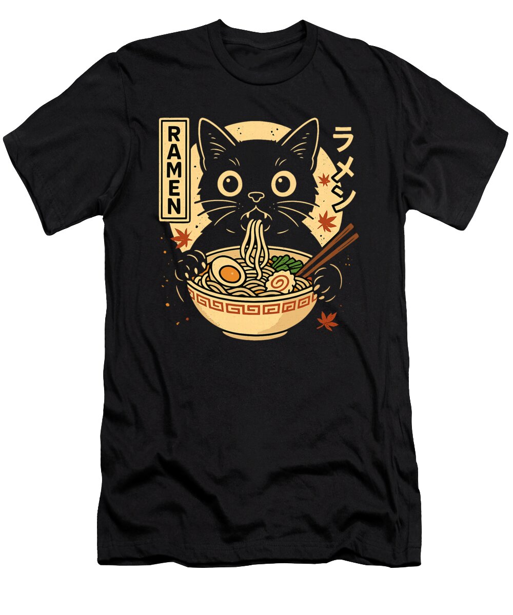 Cute Black Cat Eating Ramen Japanese Autumn Zyneu Gangd T-Shirt