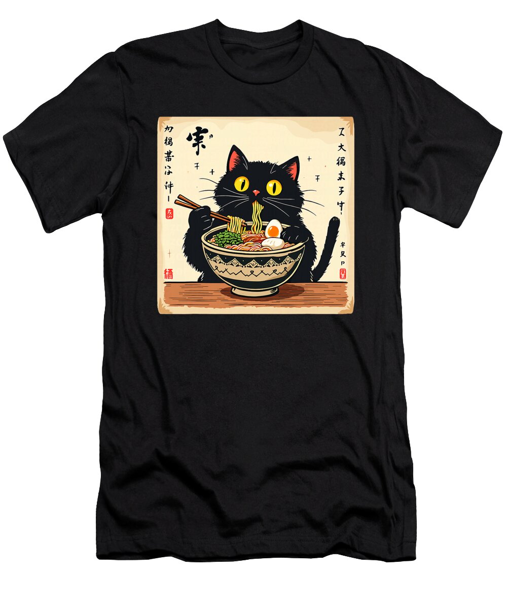 Cute Black Cat Eating Ramen Noodles Lover Zyneu Gangd T-Shirt