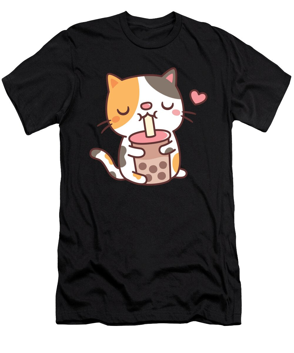Cute Calico Cat Loves Drinking Boba Tea Kids Scott Palmer T-Shirt