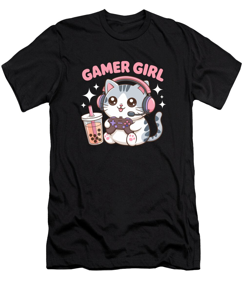 Cute Gamer Cat with Bubble Tea Joanna Redesiuk T-Shirt