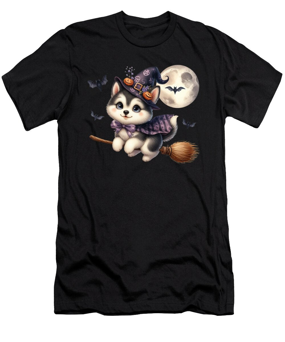 Cute Halloween Husky Puppy Witch with Full Moon and Bats Heidi Joyce T-Shirt