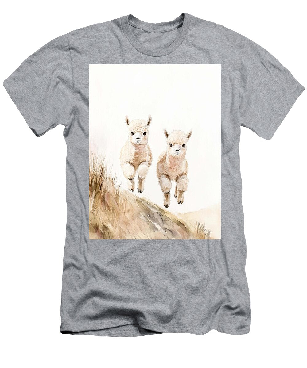 Cute Jumping Animals Two Baby Llamas Running on a Hillside with Fluffy Cream and Brown Fur Adorable Henry George T-Shirt
