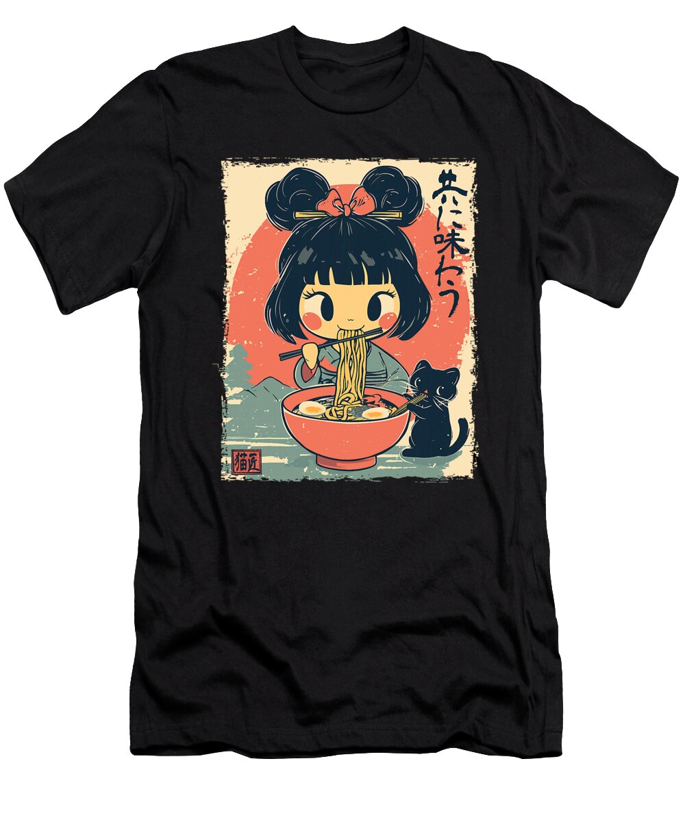 Cute Kawaii Japanese Girl and Cat Eating Ramen Zyneu Gangd T-Shirt