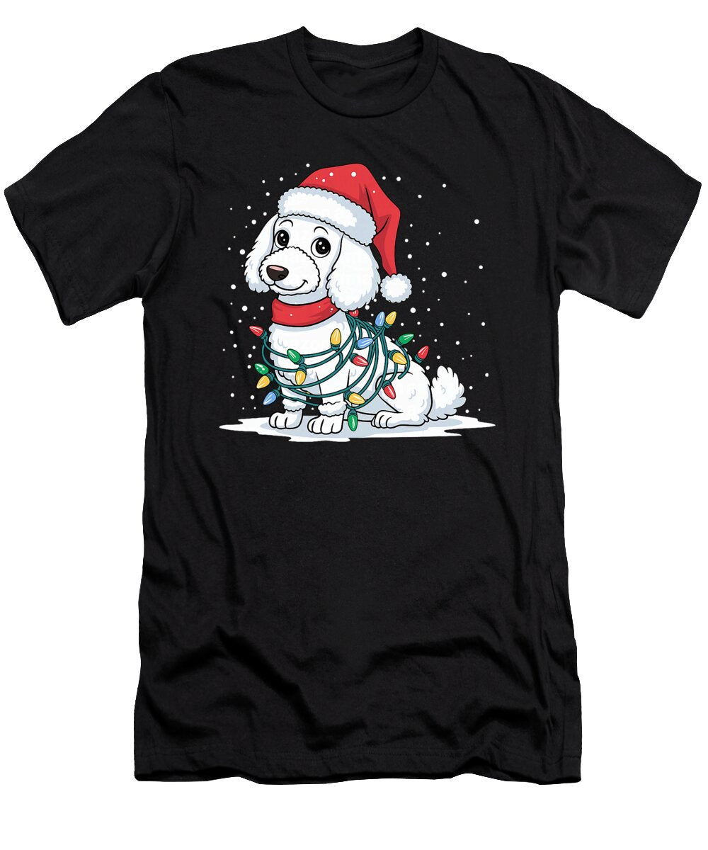 Cute Poodle Christmas Dog Wrapped in Lights Hat Natalie Lidford T-Shirt